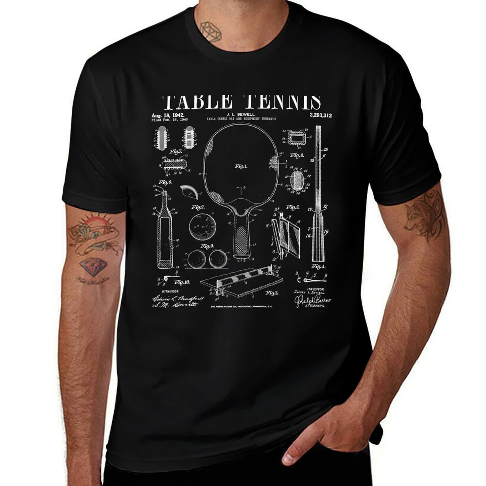 Table Tennis Drawing - 卓球ピンポン古いヴィンテージ特許図面プリントTシャツミニマリストカジュアル半袖トップ