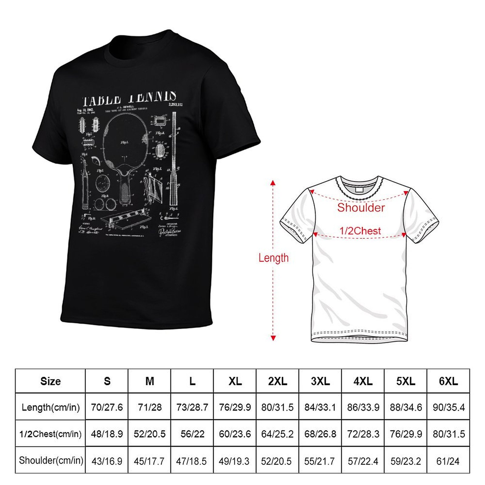 卓球ピンポン古いヴィンテージ特許図面プリントTシャツ高弾性ス - Table Tennis Drawing のレビューと価格